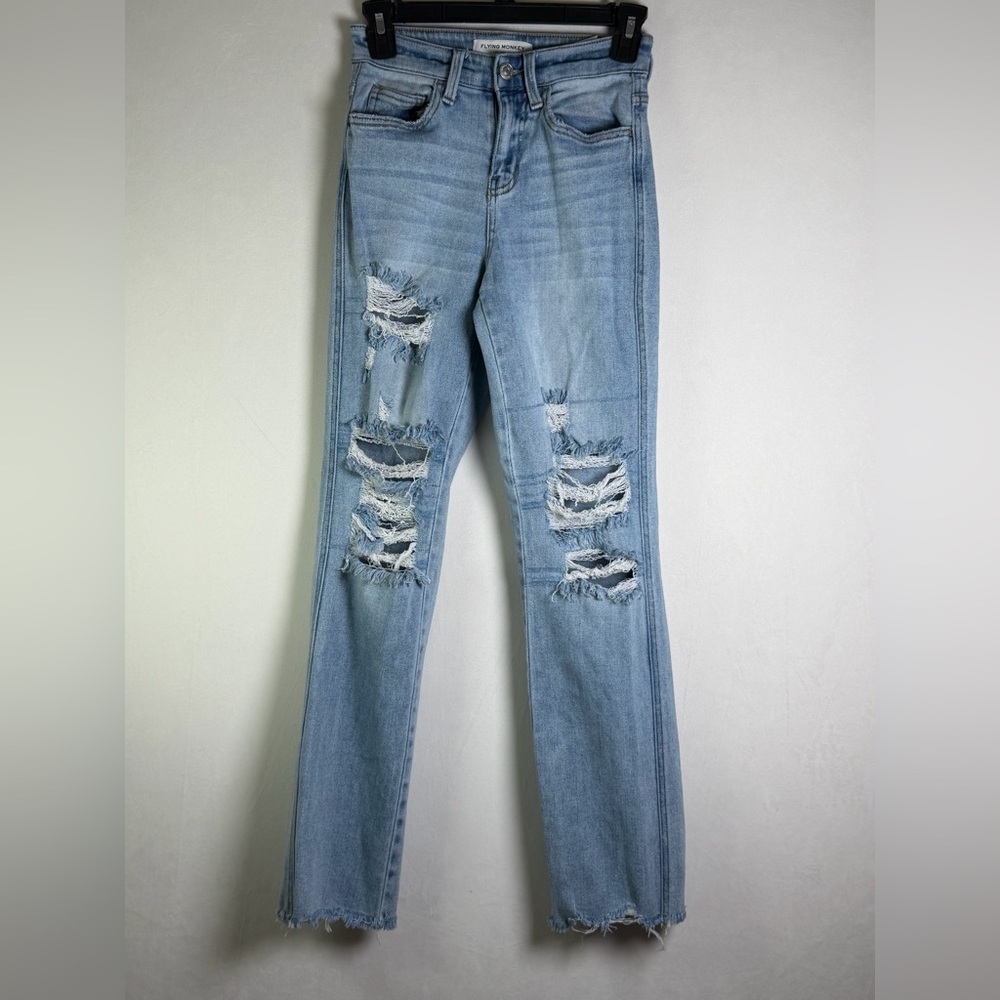 Flying Monkey Women High Rise Straight Jean Sz 23x29 Distressed Cropped Raw Hem